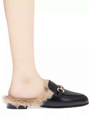 BCBGeneration Zorie black leather Mule with Beige Faux-Fur Trim and Gold Accent